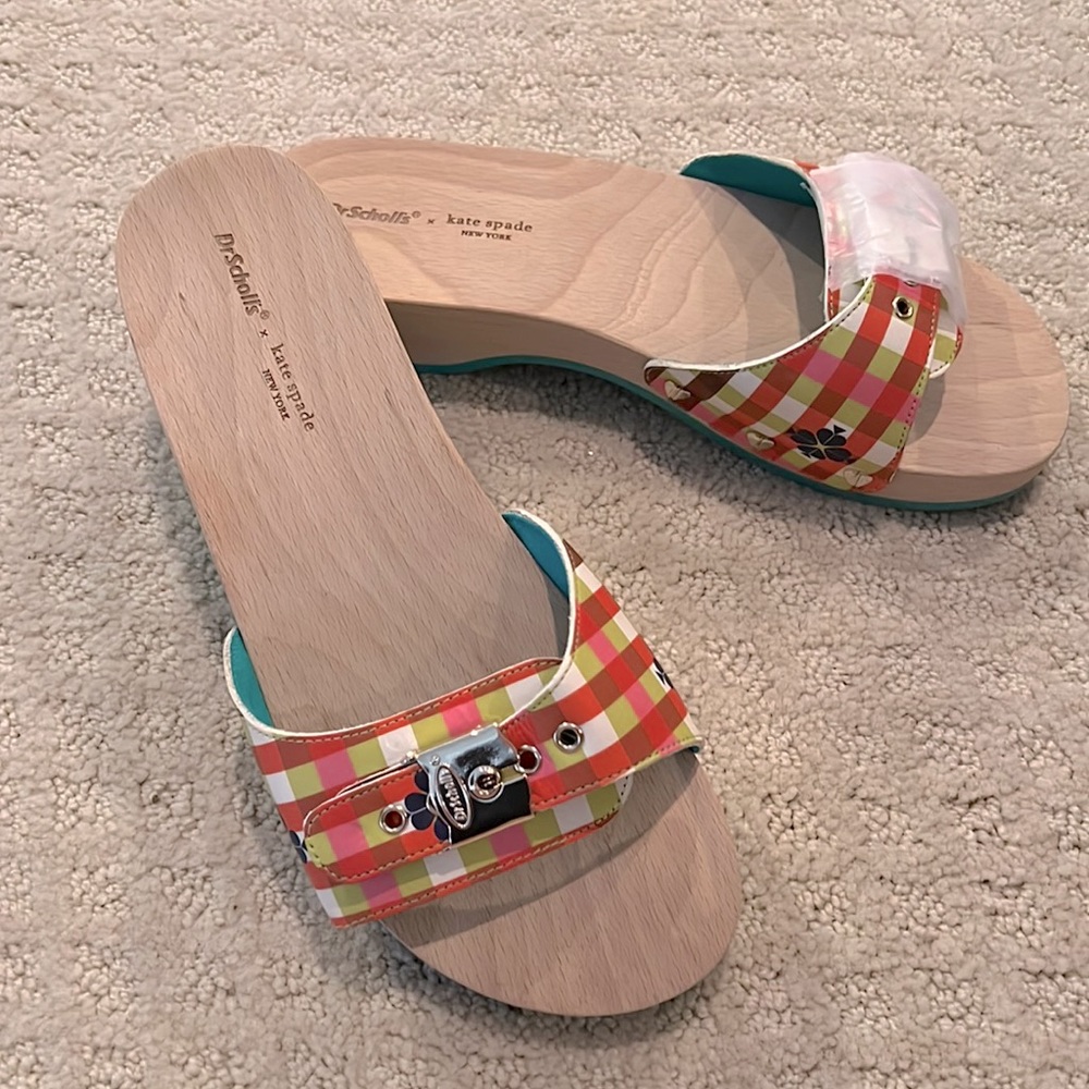 Dr. Scholls + Kate Spade collab plaid and wood sandals